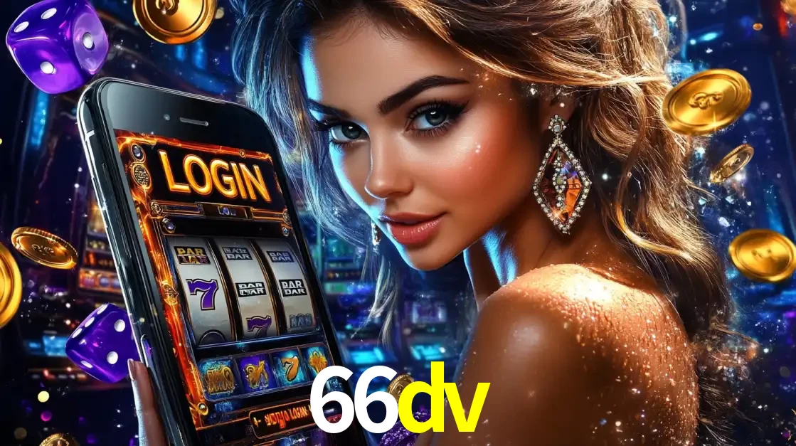 Mulher glamorosa segurando um smartphone com a tela de login para os jogos de caça-níqueis do cassino online 66dv, com moedas de ouro e dados ao redor.